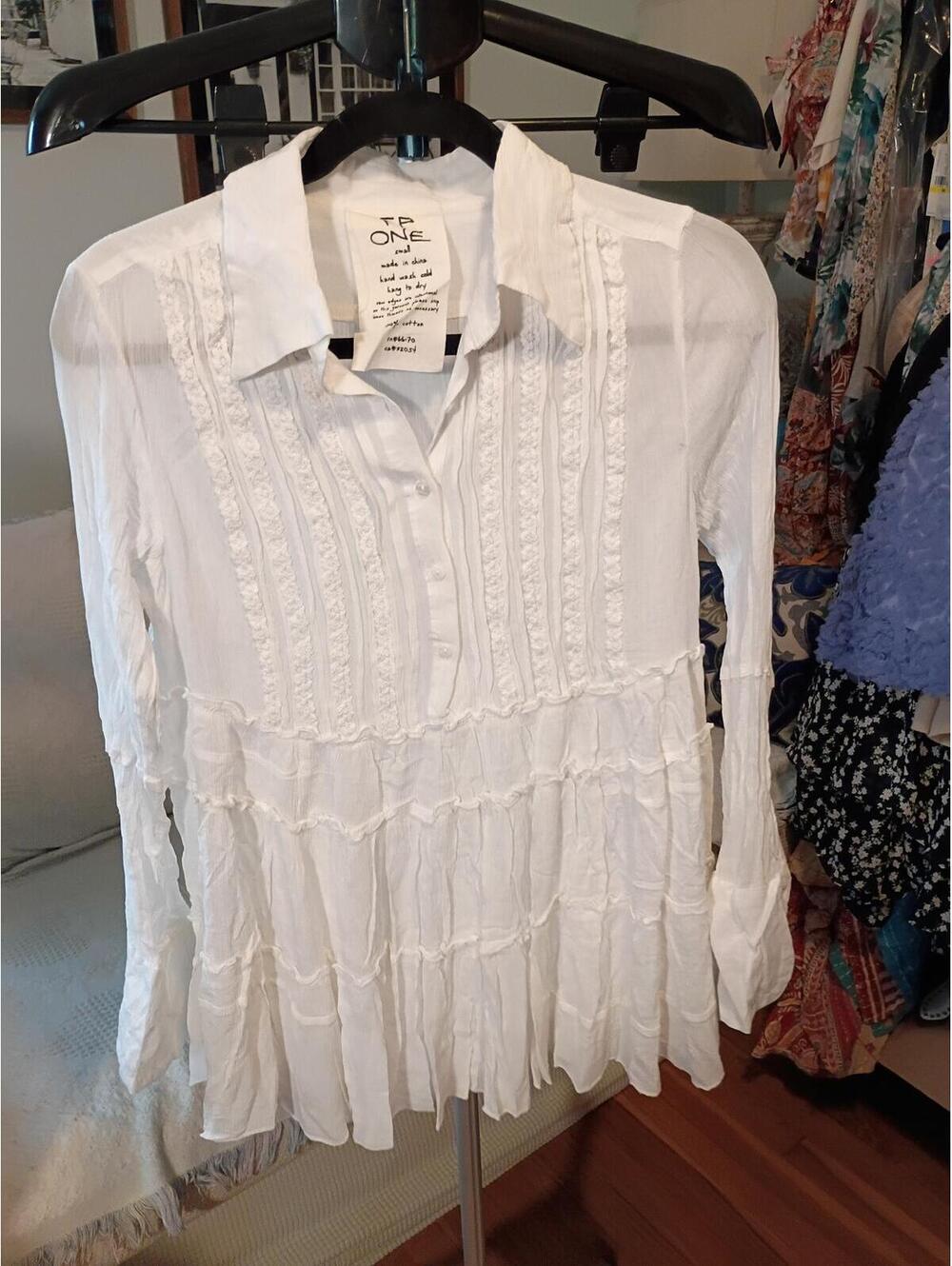 FP One White Cotton Long Sleeve Button-Up Blouse Small